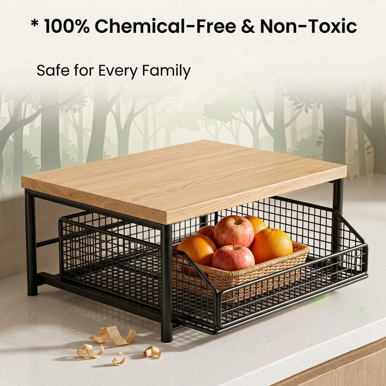 Kitchen Countertop Organizer with Drawers, 2-Tier Hardwood Counter Shelf with Drawer and Wire Basket, Kitchen Countertop Storage for Microwave, Coffee Maker, Spices & Fruit (Monolayer-black)