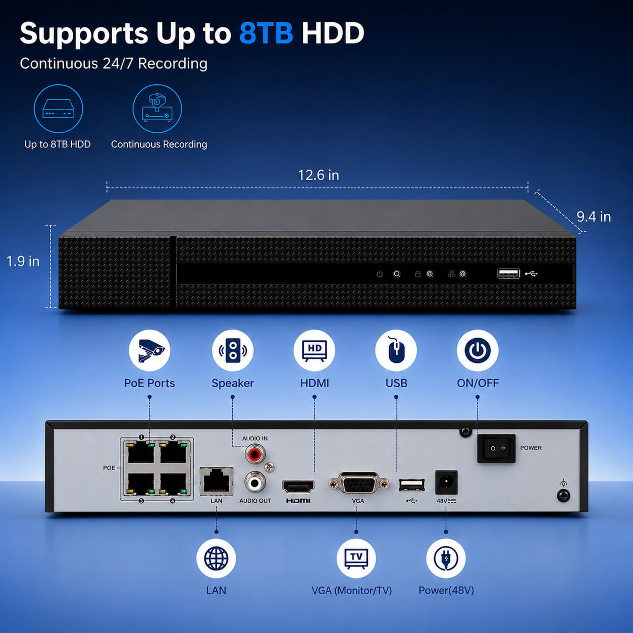 ERI-K104-P4 4-K PoE NVR, 8MP Netzwerk-Videorecorder, H.265+/H.264+, 4 PoE-Ports, HDMI/VGA 4K-Ausgang, 1 SATA-Schacht, ONVIF-kompatibel für IP-Sicherheitskameras