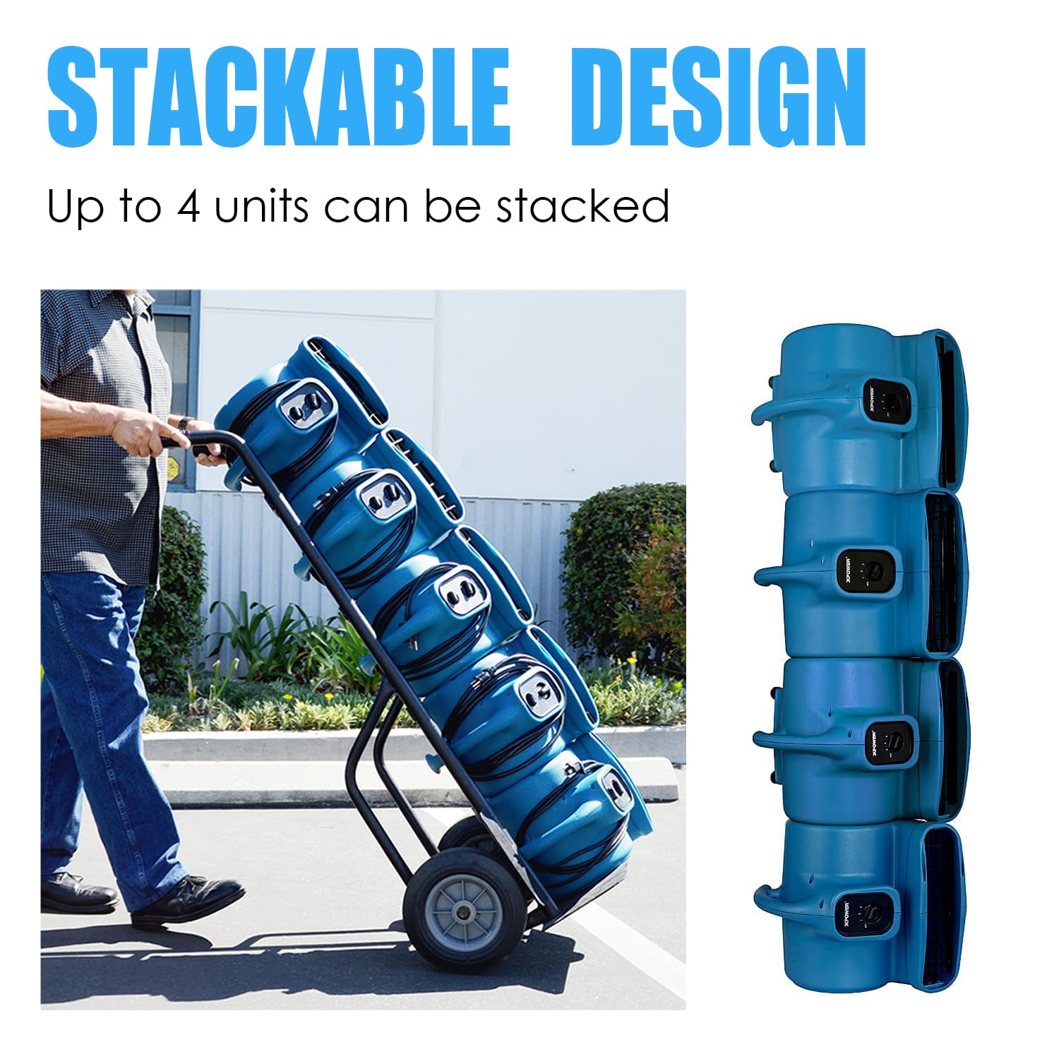 XPower Módulo centrífugo de aire, secadora de alfombras, ventilador de suelo, soplador, apilable, cadena de margaritas, para restauración de daños por agua, limpieza, fontanería, uso doméstico (azul