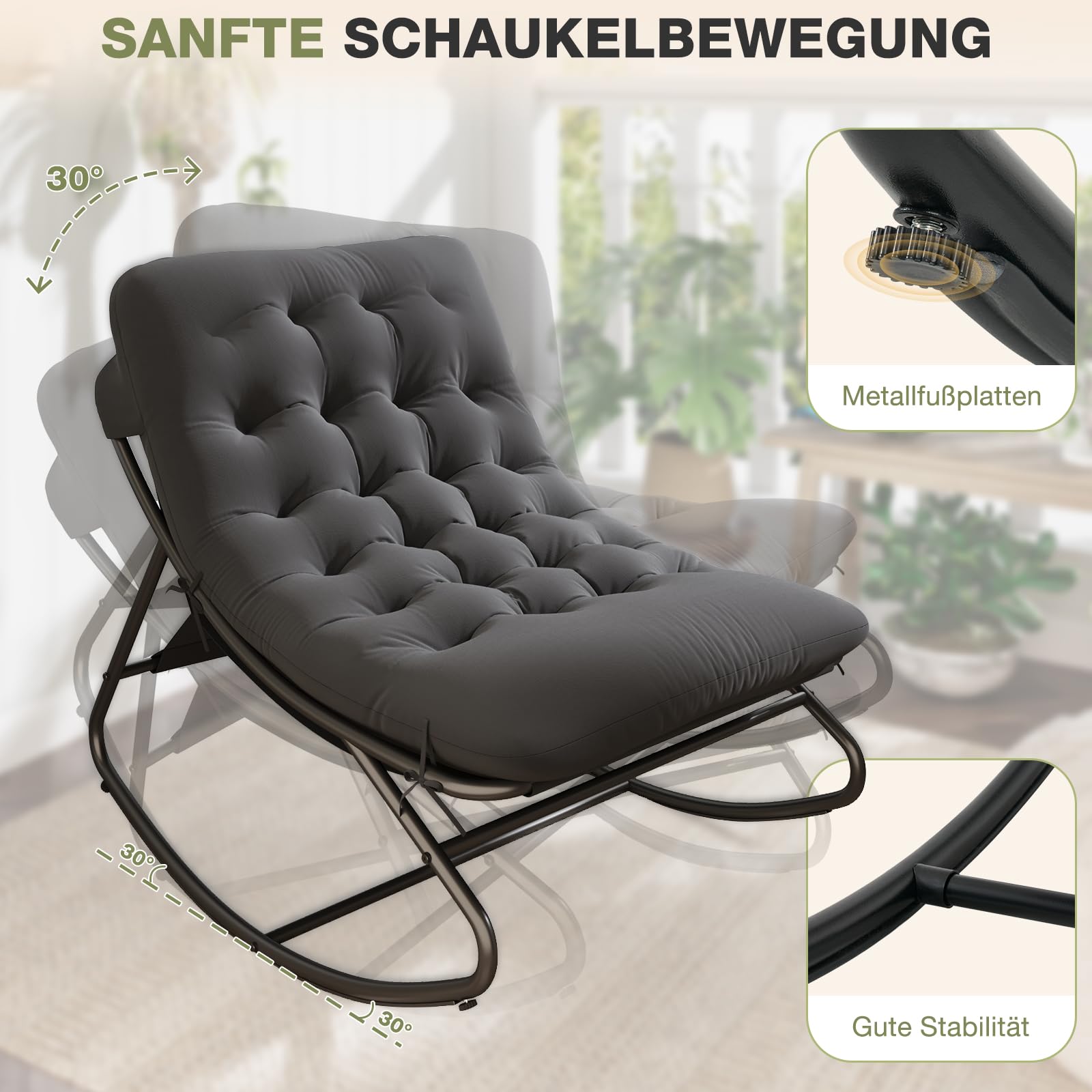 Aoxun Schaukelstuhl mit Hocker für Erwachsene, Schaukelliege Wetterfester Relaxstuhl aus Metall für Hof, Garten, Balkon, maximale Belastung von 160kg, Schwarzgrau