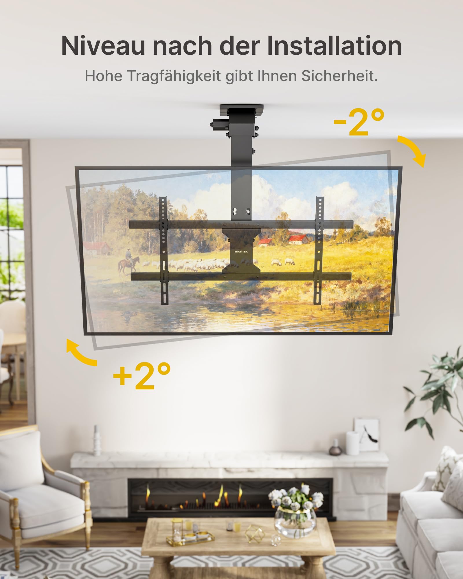 monTEK TV Deckenhalterung Elektrisch für 43-86 Zoll Fernseher, Elektrische TV Halterung Motorisiert Absenkbar für Flache & Geneigte Decken, Bis zu 45 kg Tragkraft, Fernbedienung/App/Sprachsteuerung