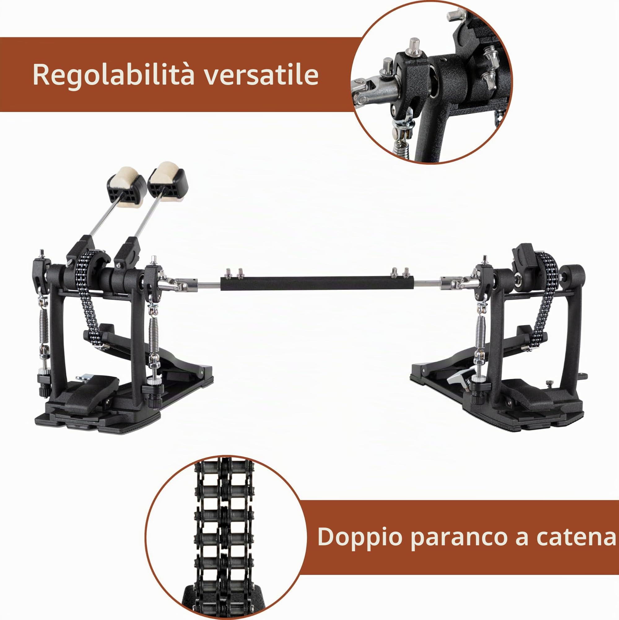 XDrum Pedale Pro Doppio (2 pedali, doppia catena, 4 side beater, attacco beater aggiuntivo a sinistra, ideale anche per drumset con 2 bass drum)