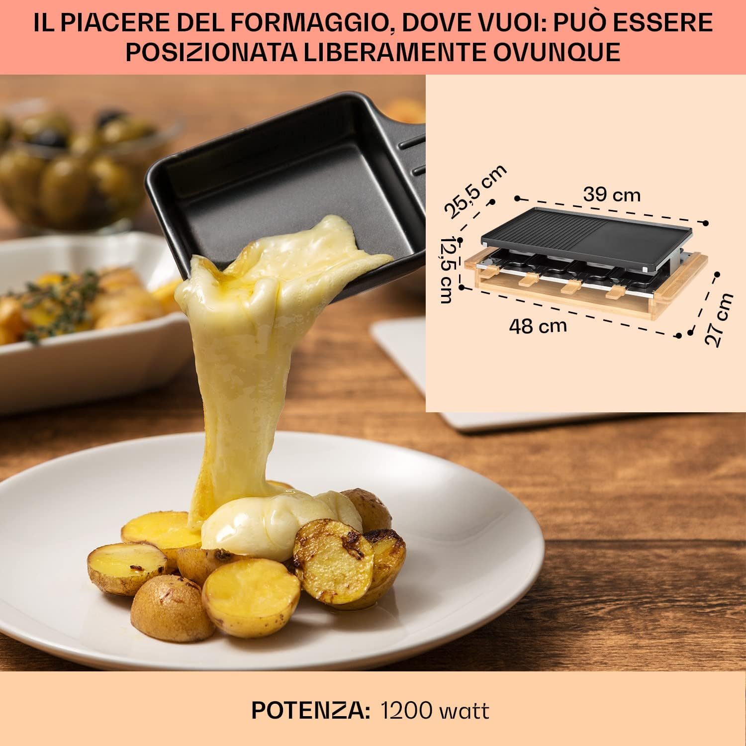 Klarstein Griglia Raclette, Piastra Raclette Formaggio con Base in Legno 1200W, Piastra Elettrica per Grigliare Carne e Formaggio, Piastra Grill con 8 Padelle, Termostato Regolabile per 8 Persone Klarstein Griglia Raclette, Piastra Raclette Formaggio con Base in Legno 1200W, Piastra Elettrica per Grigliare Carne e Formaggio, Piastra Grill con 8 Padelle, Termostato Regolabile per 8 Persone