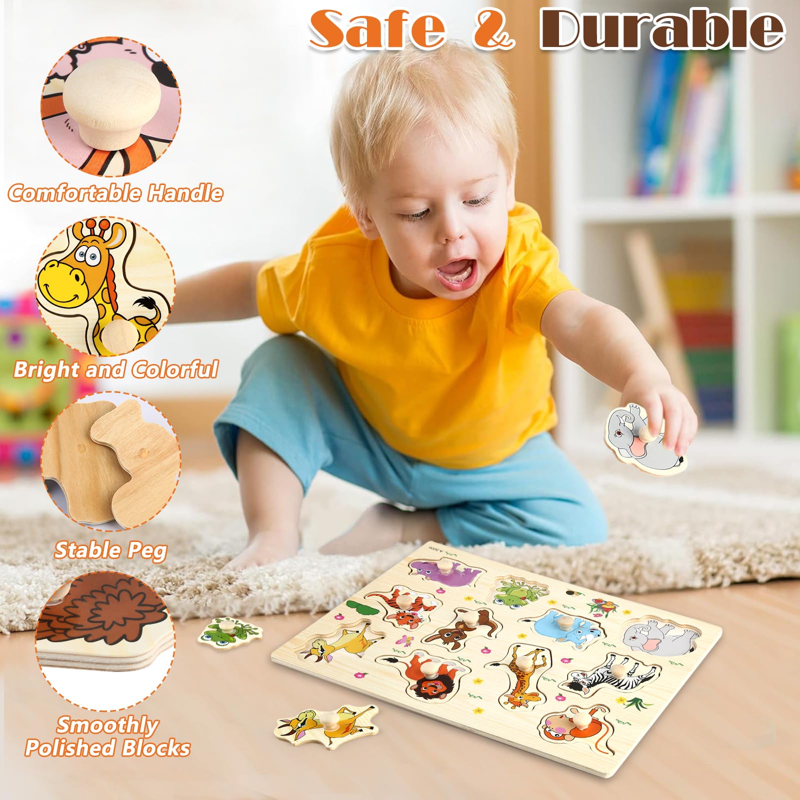 Zestaw 2 drewnianych puzzli 1 rok, drewniane puzzle wtykane od 1 roku ze zwierzętami z dżungli, zabawka z chwytaniem, idealne puzzle dla dzieci od 1 roku życia, dla chłopców i dziewczynek, prezent