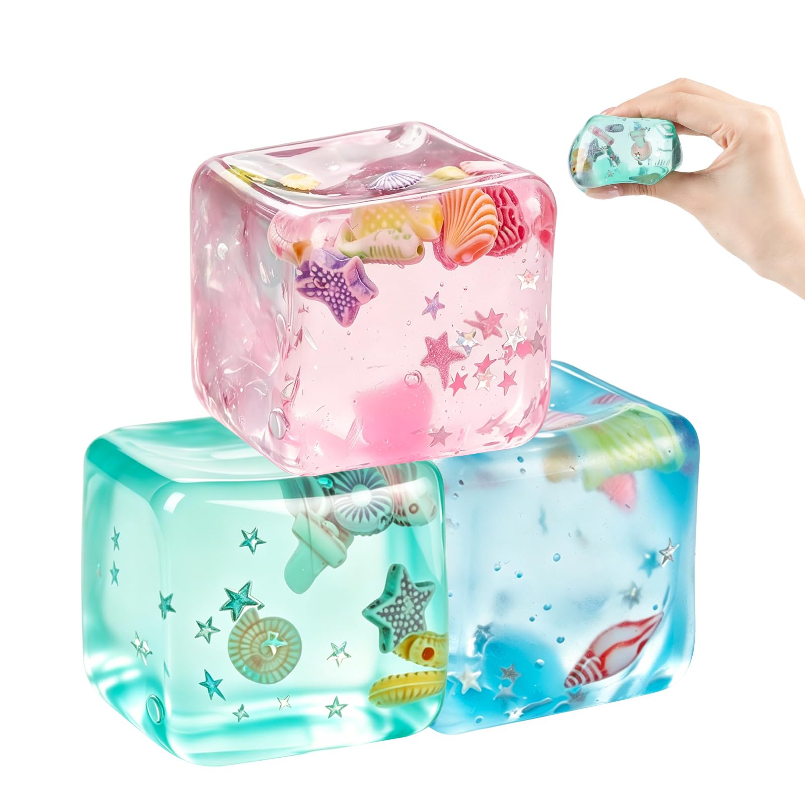 Ice Cube Stress Ball Fidget Toy - Slow Rise Cube Squishy Fidget Toy, Ocean Shells Squishies Inside Sensory Stress Relief Ice Cube-Ball Toys, Squeeze Ball for Adults, Teens (Green & Pink & Blue)