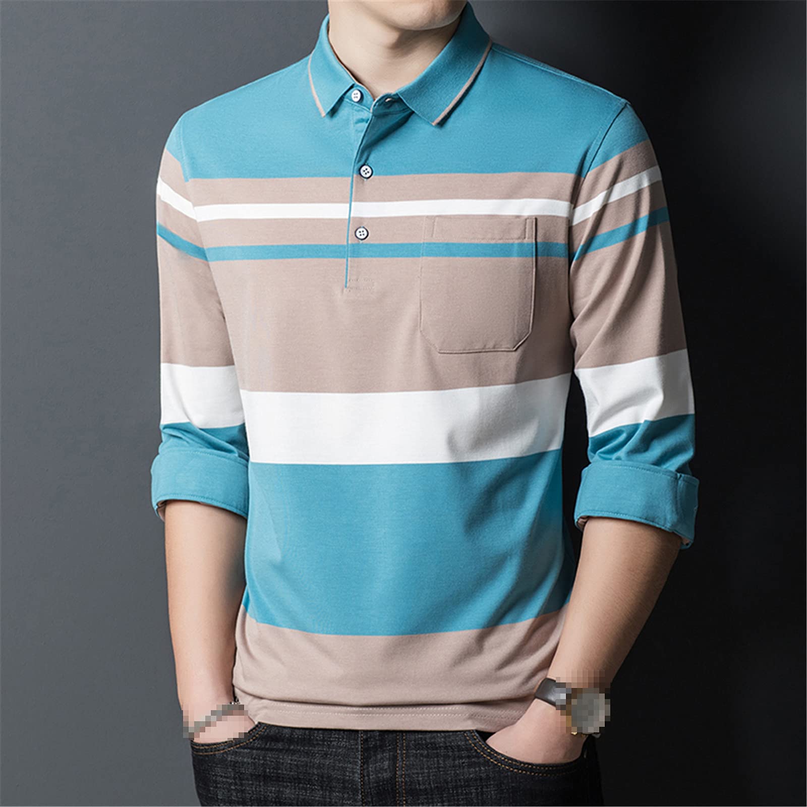 Modisch gestreiftes Poloshirt für Herren, Baumwolle, lässig, langärmelig, Oberteile, Herren Kleidung T-Shirt, rose, XL