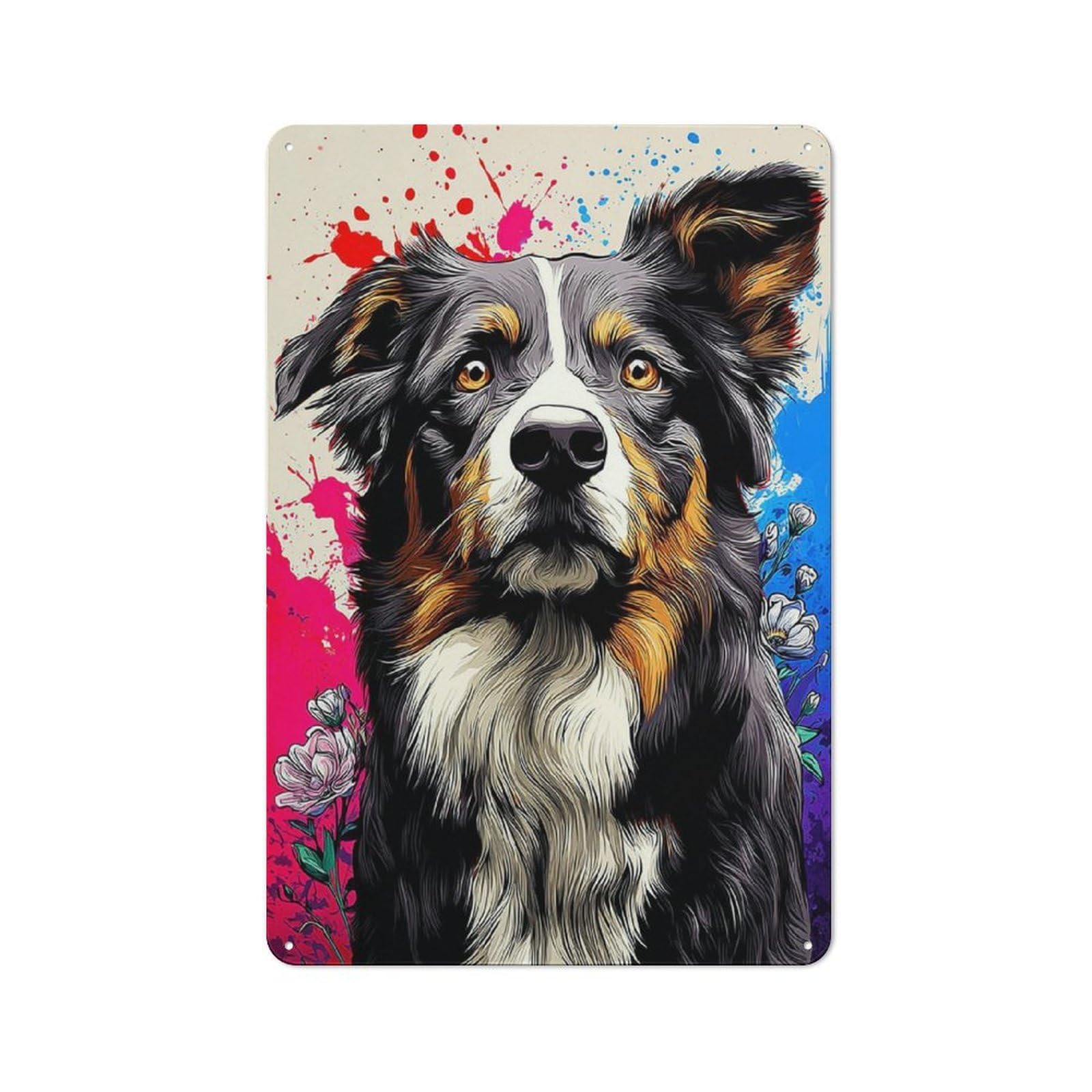 Junmoney Colorful Australian Shepherd Portrait Metal Wall Plaque With Design 30X20cm, Old Fashioned Vintage Wall Decor For Living Room, Hallway, Kitchen Or Cafe