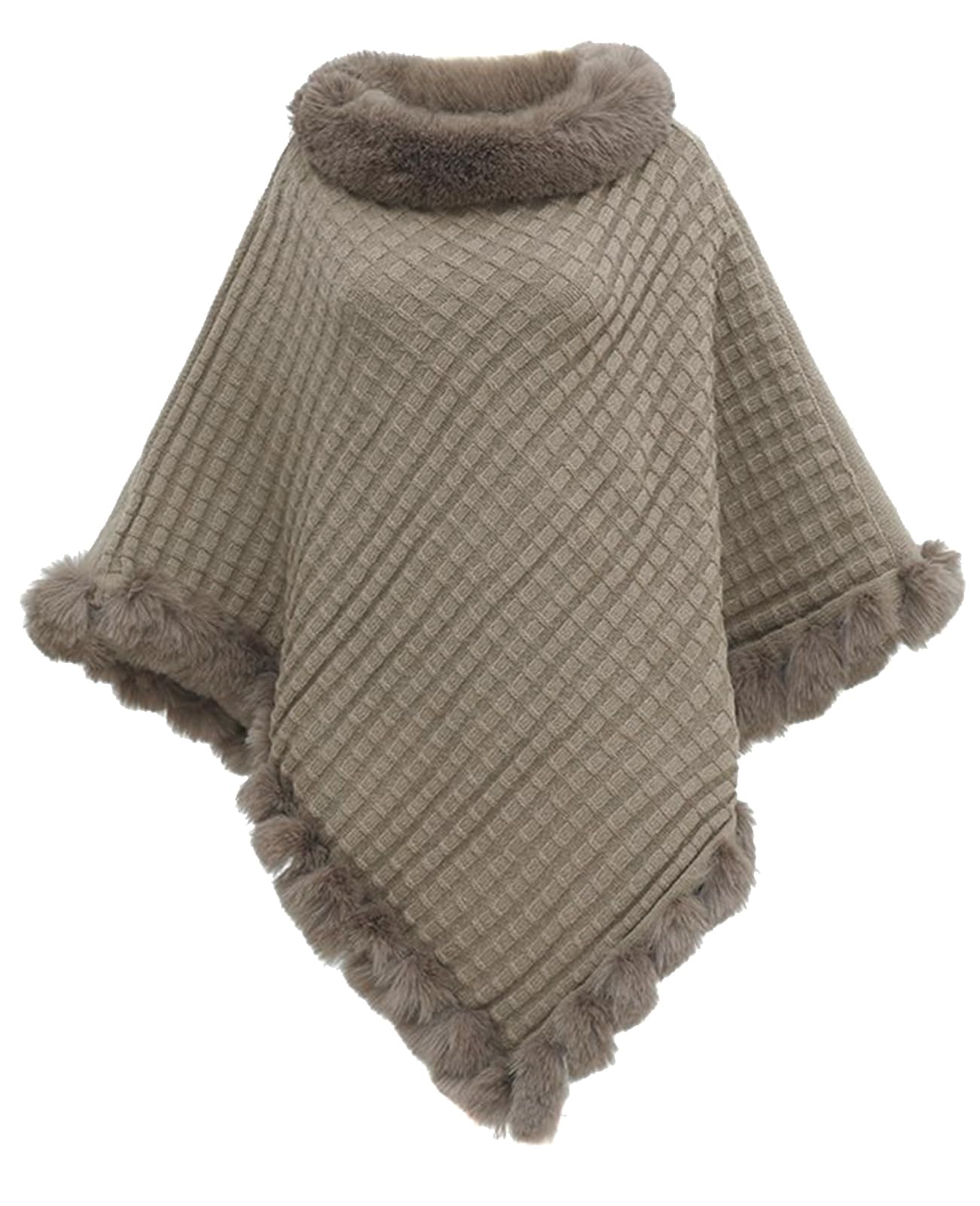 JFAN Ponchos Mujer Capas de Punto Invierno Cálido Elegante Chal con Cuello Redondo Capa de Piel Sintética Térmica para Otoño e Invierno