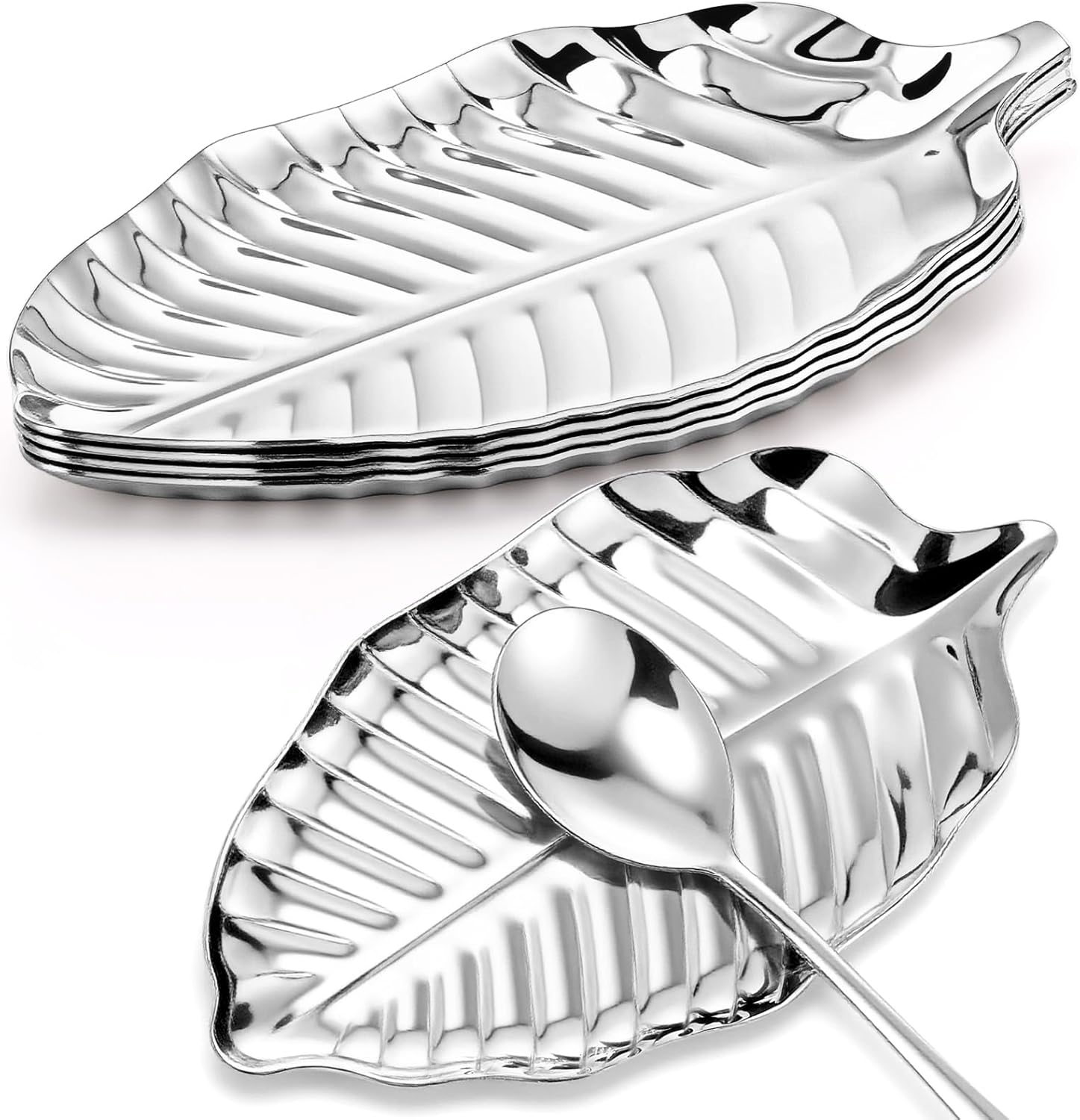 Chengu 4 Pack Leaf Spoon Rest for Stove Top 9.3 Inch Stainless Steel Utensil Holder Large Metal Jewelry Trinket Dish Tray Key Holder for Table, Kitchen Counter(Silver)