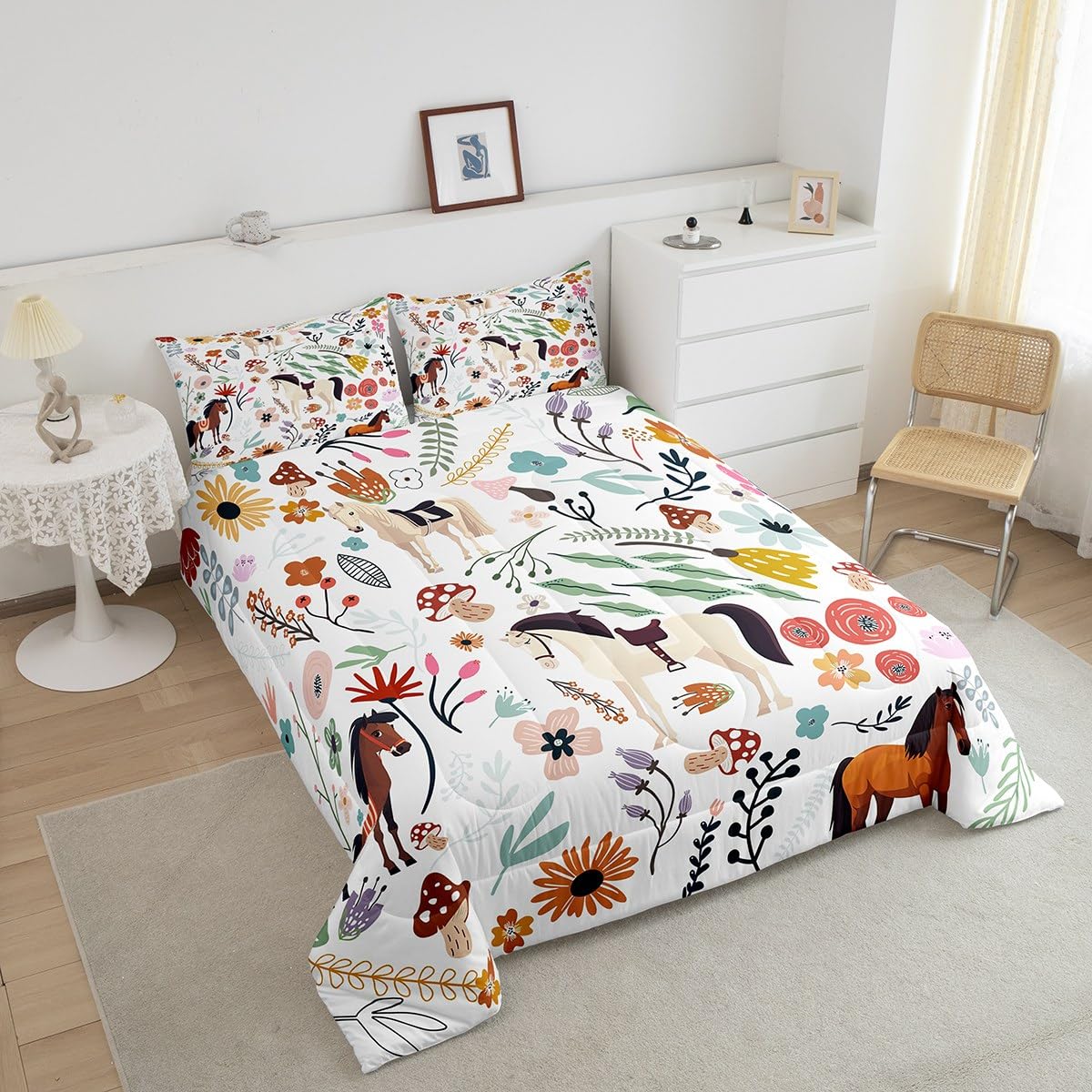 Erosebridal Juego de edredón de caballo occidental, juego de ropa de cama individual con diseño floral de hongos para niños, edredón de animales de dibujos animados, flores de acuarela, hojas, relleno