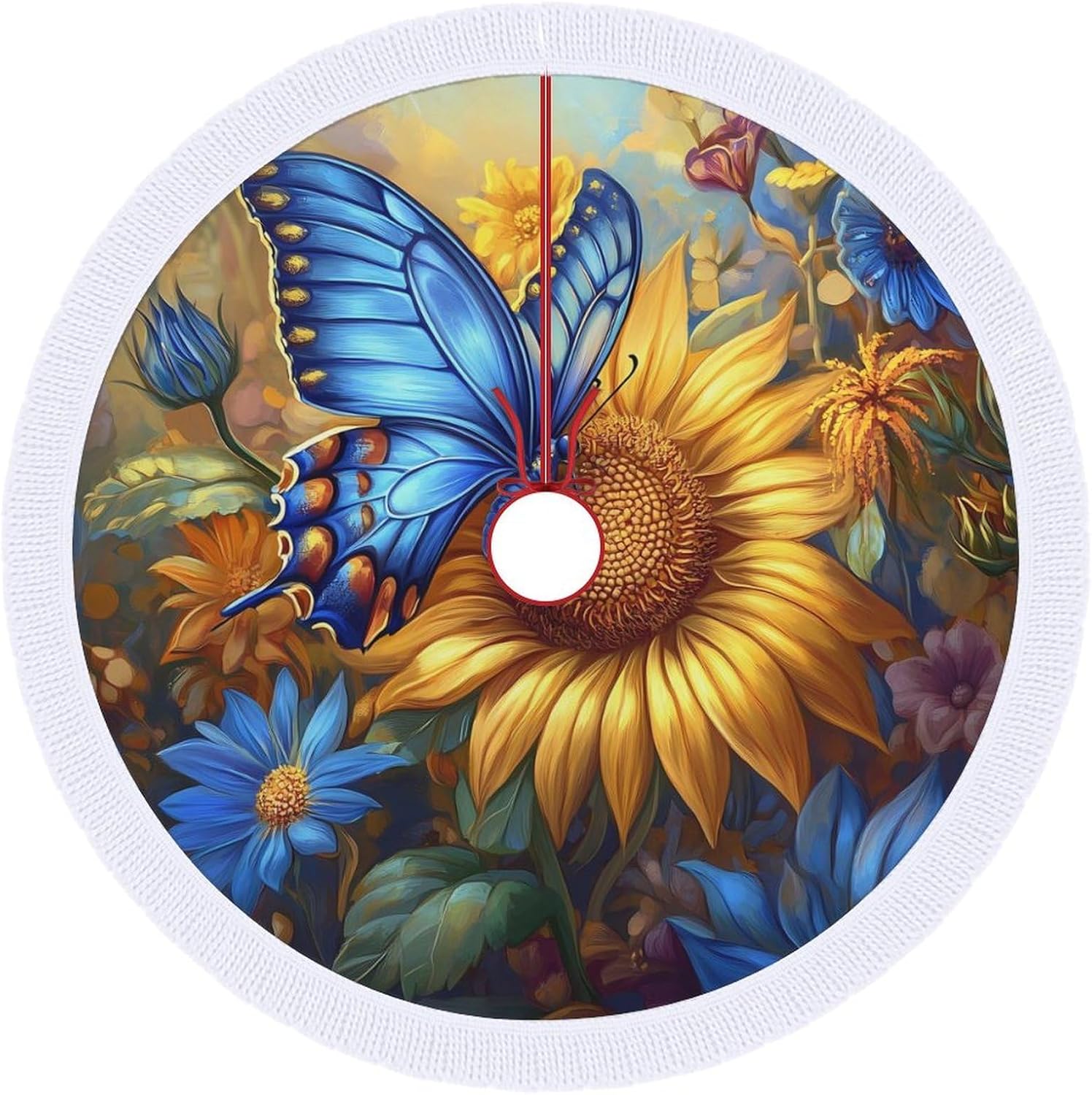 Sunflower Blue Butterfly Christmas Tree Skirt Round Xmas Tree Mat Ornaments Tree Skirts with Tassels for Holiday Party