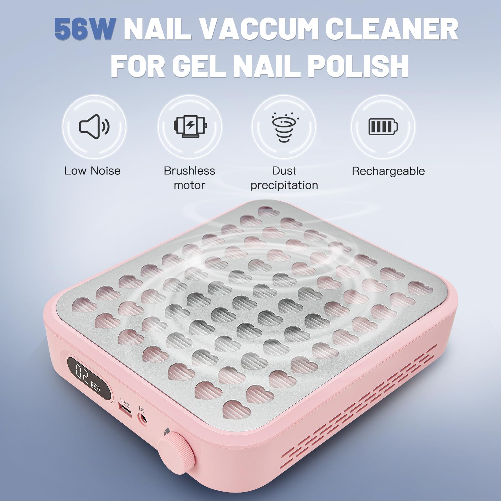 Madenia Kabellose Akku Staubabsaugung für Nägel, 56W Professionell Wiederaufladbare Leistungsstark Nagelstaubsauger mit 2 Filters und 1 Bürste, Leiser Nagel Staubsauger für Nagelstudio & Zuhause, Rosa