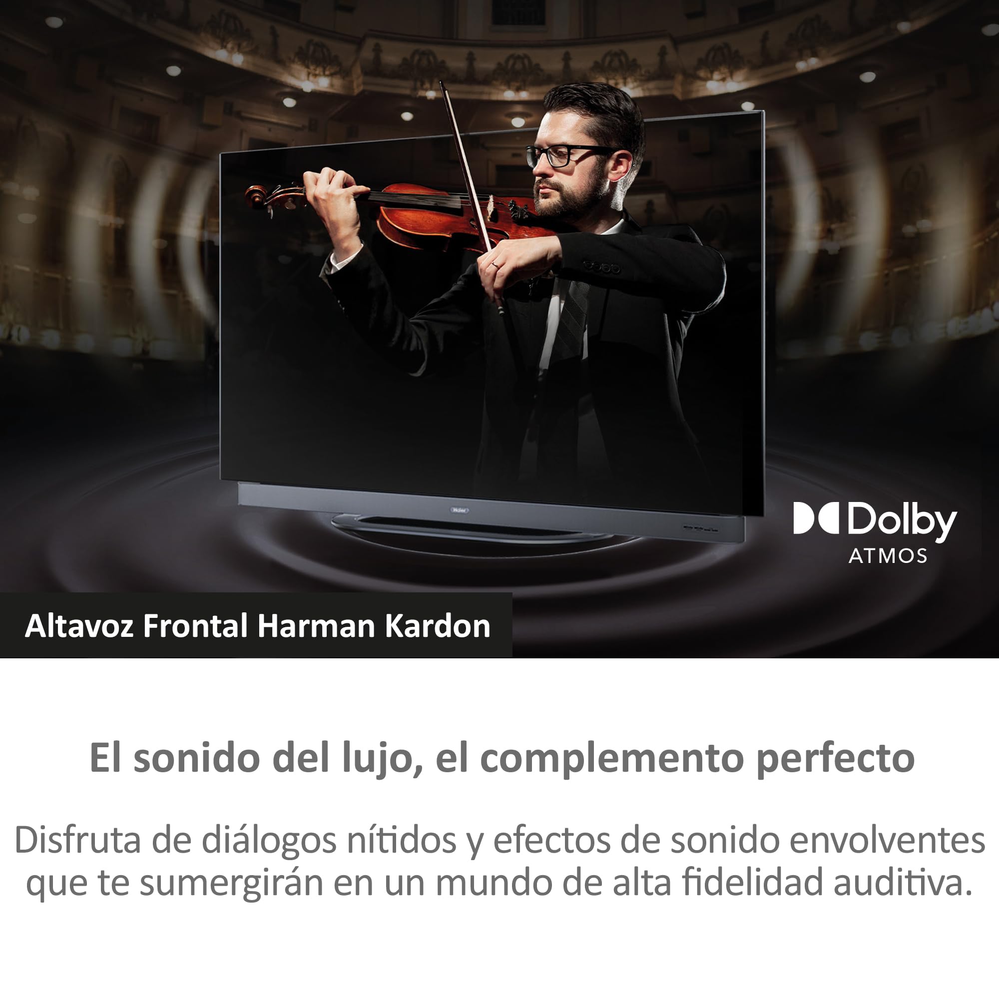 Haier OLED Harman Kardon 4K UHD H65C900UX - 65", Smart TV, Google TV, Dolby Atmos y Dolby Vision, HDR 10, Smart Remote Control, Google Assistant, Bluetooth 5.1, DBX TV, HDMI 2.1 x 4, Sin Marcos, 2024