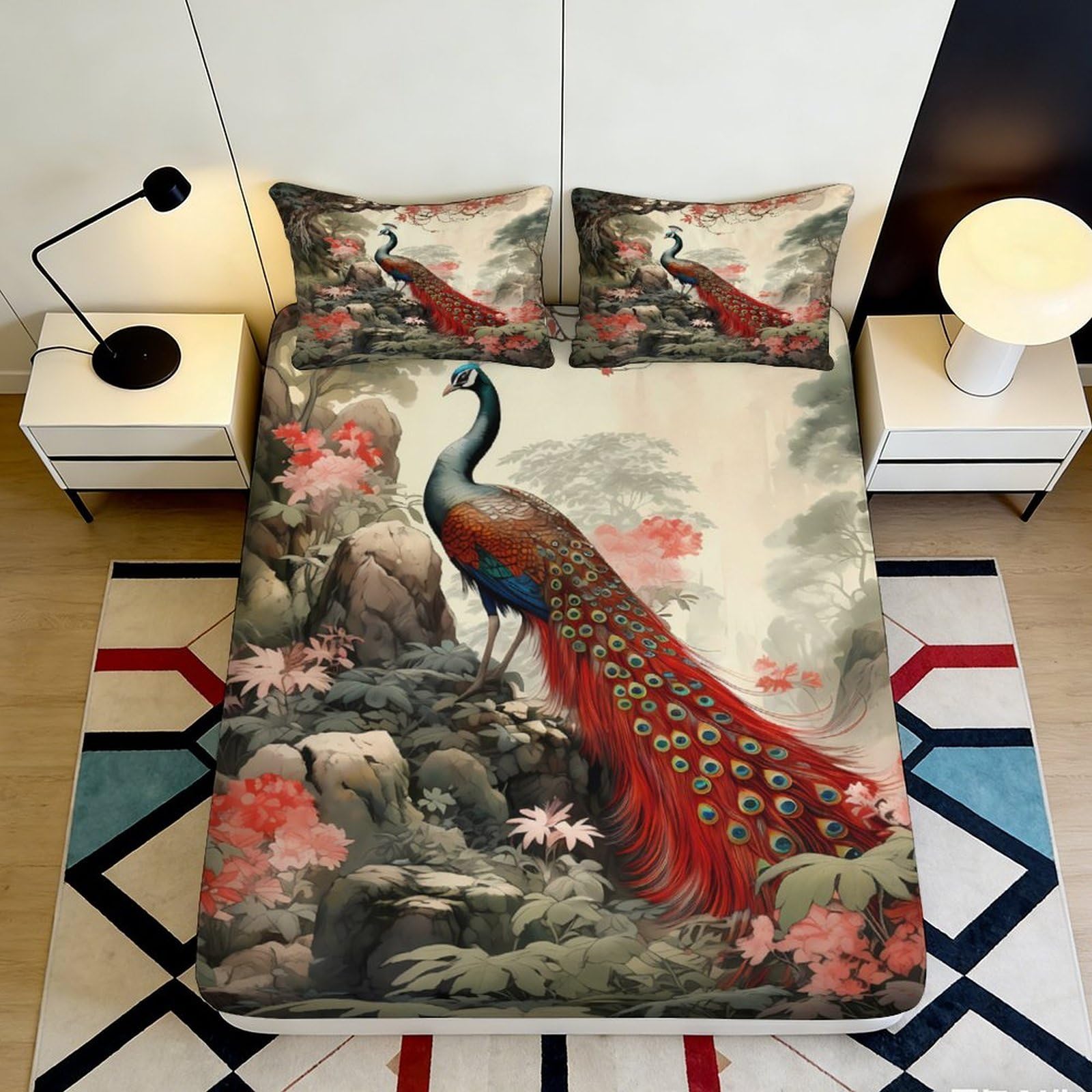 3D Printed Peacock Floral Fitted Sheet Microfiber Anti-Slip Bed Cover for Bedroom Guest Room Artistic Decor Easy Care 90x200x25cm