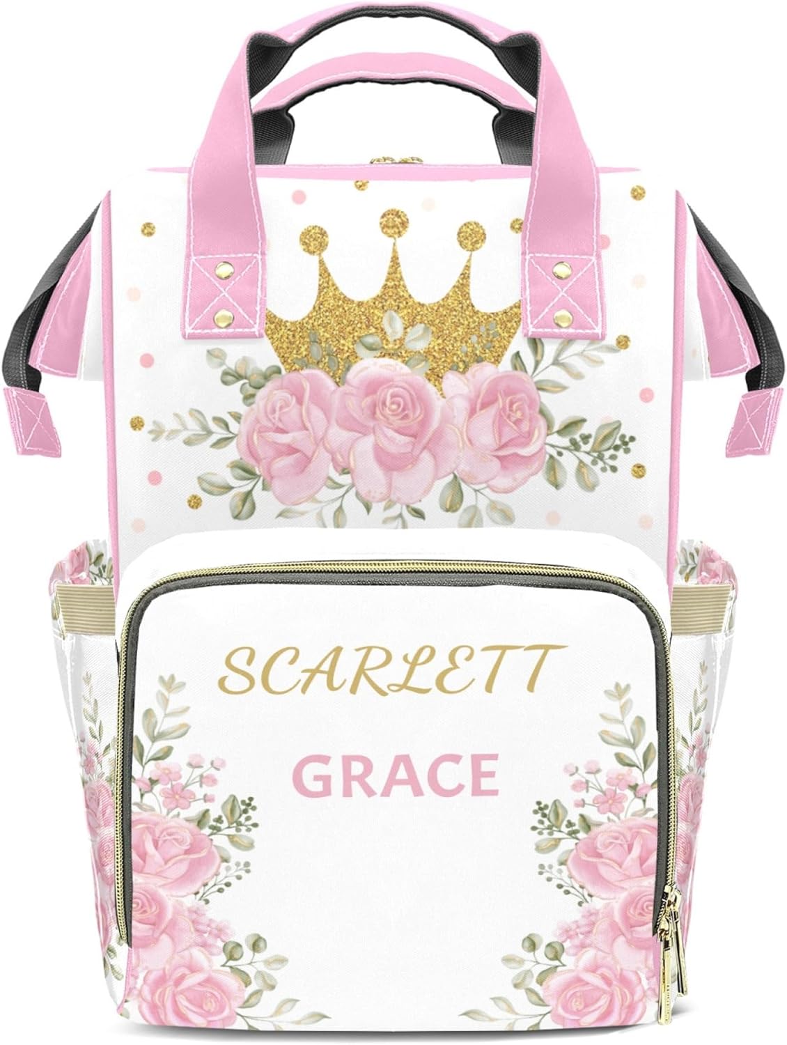 Custom Diaper Bag Mommy Bag with Multi-function Shoulders Outdoor Backpack for Newborn Baby Boy Floral Crown, Pink Customized Nappy Backpack with Thermal Pockets Nursing Bags