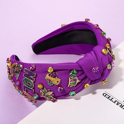Miniatura 8 de CEALXHENY Diadema de Mardi Gras para mujer, diadema de corona de flor de lis, diadema morada con diamantes de imitación y nudo superior, accesorios