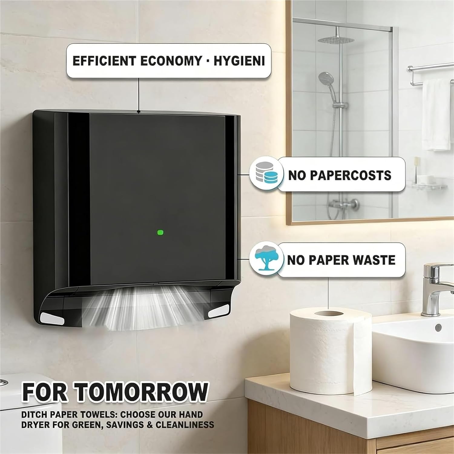 High‑Speed Automatic Hand Dryer, 1250W Electric Sensor‑Activated Hand Drying Device, 80m/s High‑Velocity Airflow, ABS Casing, Ideal for Commercial & Household Use, Toilets(Black)