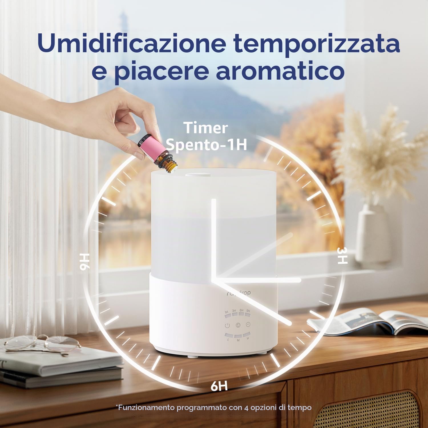 raydrop Umidificatore per camera da letto, 3 l, a ultrasuoni, per ambienti di grandi dimensioni e casa, umidificatore per neonati e piante, diffusore di aromi con luce LED, timer e spegnimento