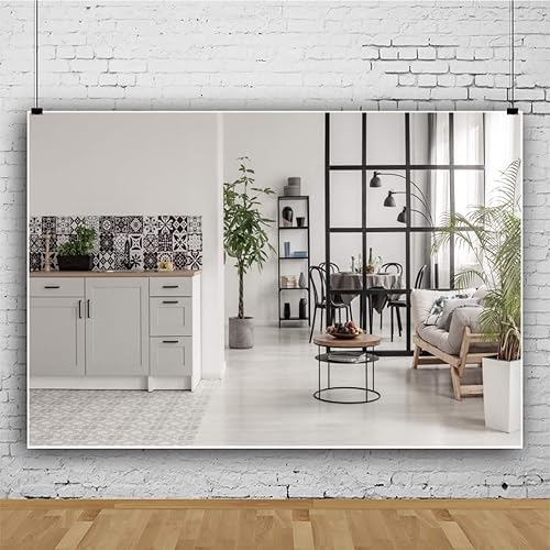 Miniatura 3 de OERJU Fondo de fotografía moderno y acogedor para sala de estar, de 5 x 3 pies, sofá limpio y ordenado, fondo de cocina abierta, trabajo en casa,
