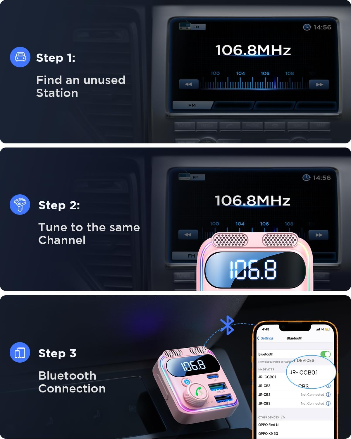Three steps showing how to set up the JOYROOM Bluetooth Car Adapter