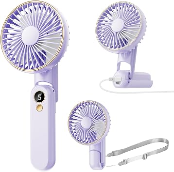 Portable Handheld Fan, 180 Foldable Personal Fan, USB Rechargeable Mini Hand Fans for Travel/Summer/Outdoor/Office, 5 Speeds Adjustable, LED Display, [5-15 Working Hours],Purple