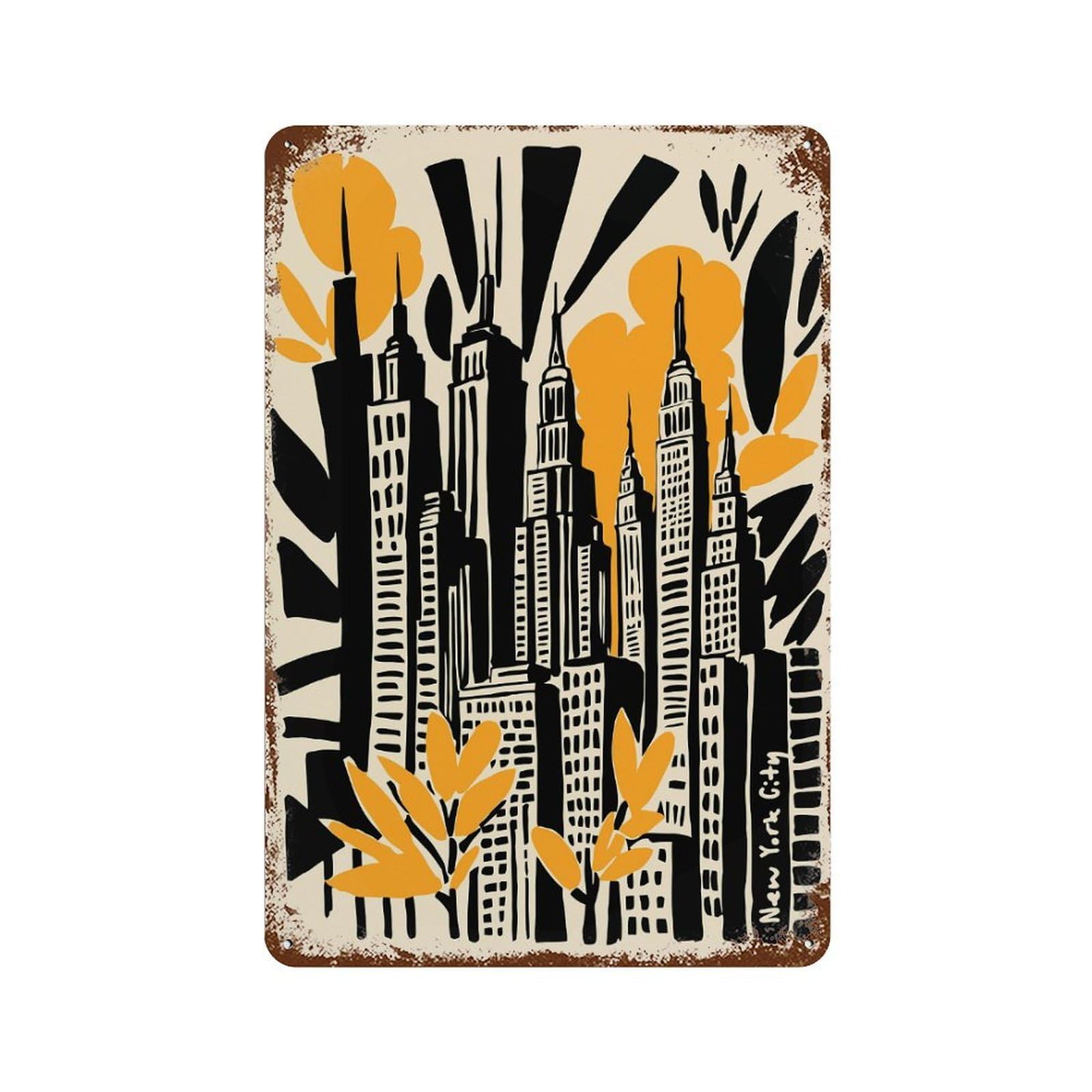 Aged Metal Wall Plaque with New York Cityscape Art Print Design 11.8"x7.9", for Shed, Workshop And Garage Wall Decor, Decorative Metal Wall Art