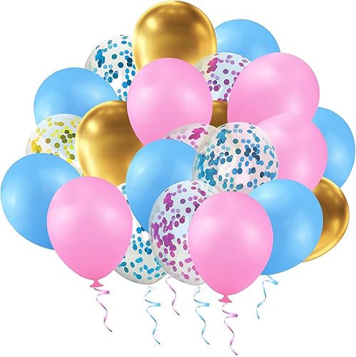 Miniatura 7 de 100 globos de látex de 12 pulgadas para revelación de género, color rosa, azul, dorado, confeti, con cintas para niños y niñas, fiesta temática de