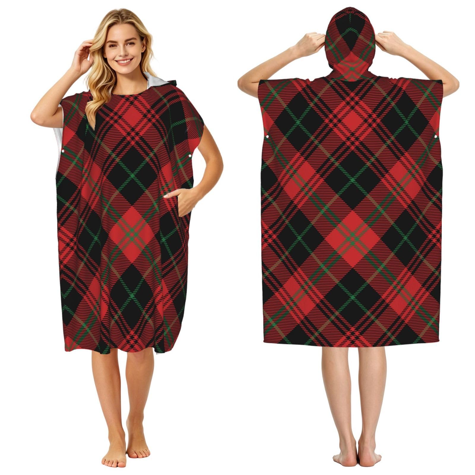 Poadnly Diagonal Plaid Scottish, Adult Hooded Beach Towel 90 x 110 cm,Changing Bath Robe, Surf Poncho Towel For Women Men