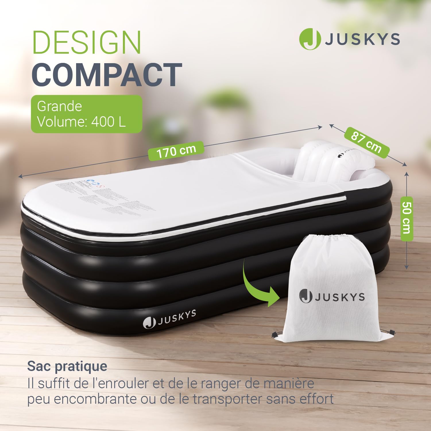 Juskys Baignoire Gonflable L - Baignoire Extérieure pour Adultes, Bassin Pliable et Mobile avec Dossier, Baignoire de Glace avec Couvercle et Pompe