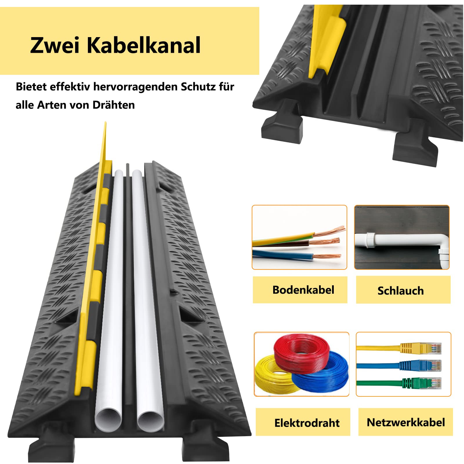 XMTECH 2X Gummi Kabelschutz Rampe, 2-Kanal Kabelbrücke überfahrbar bis 10 Tonnen Traglast, 100 x 24 x 5 cm, robuste Kabelbrücke aus Gummi, schwarz-gelb für Parkplätze, Baustellen, Lagerhallen