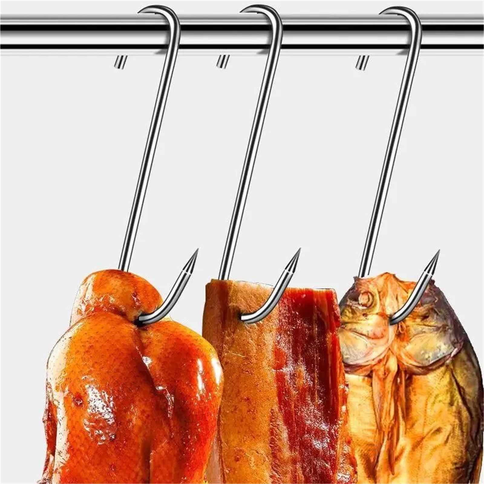 100 ganchos de acero inoxidable for carne, ganchos puntiagudos for colgar, for pescado, asado, pato, almacenamiento, multiusos, for barbacoa, salchichas, tocino y curado. Para Carnes(12cm)
