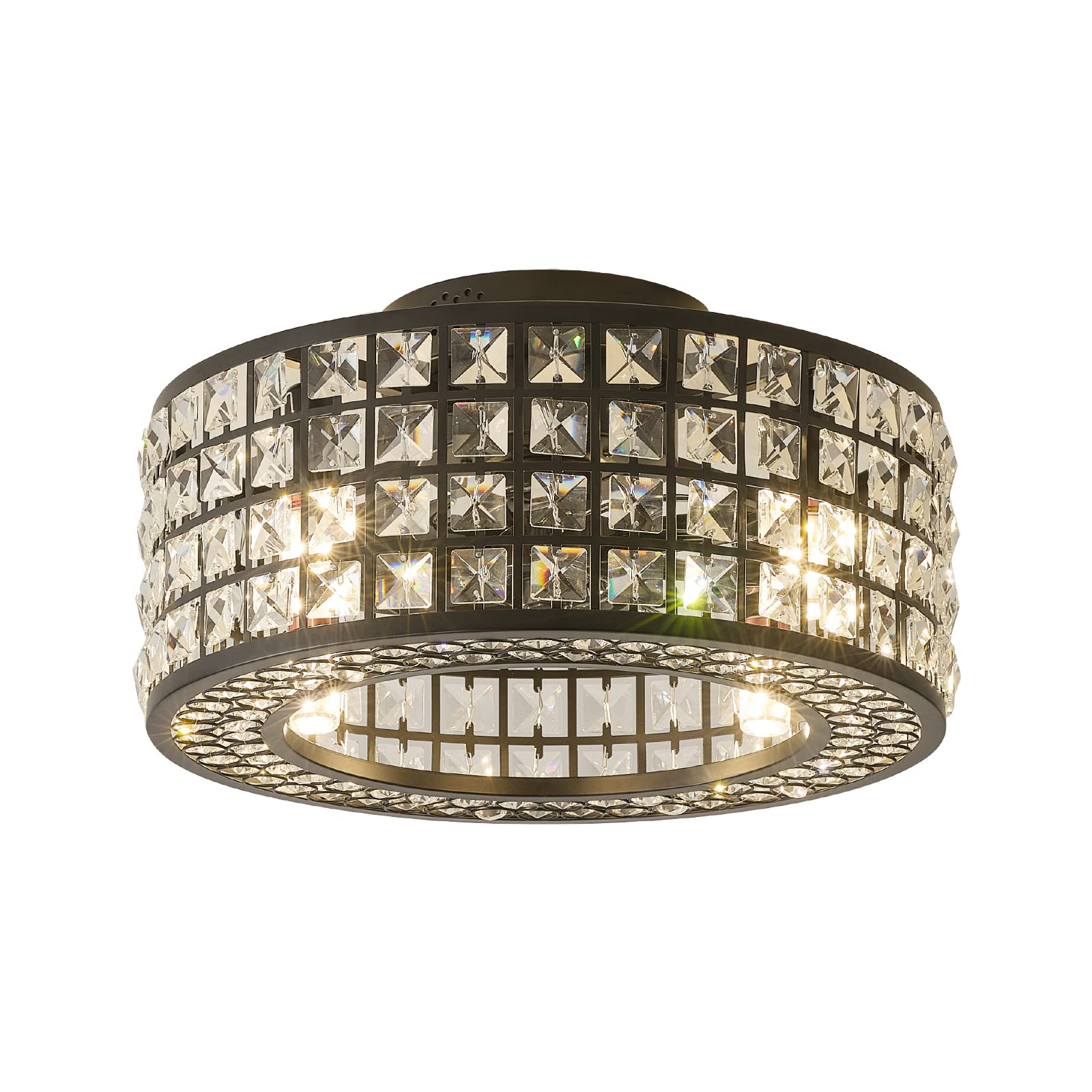 Oiotwo 18-Inch Crystal Fan Light, Lantern-Shaped Industrial Chandelier, with Remote Control, Suitable for Indoor Places Such as Room and Living Room, Including Bulb(Black3)