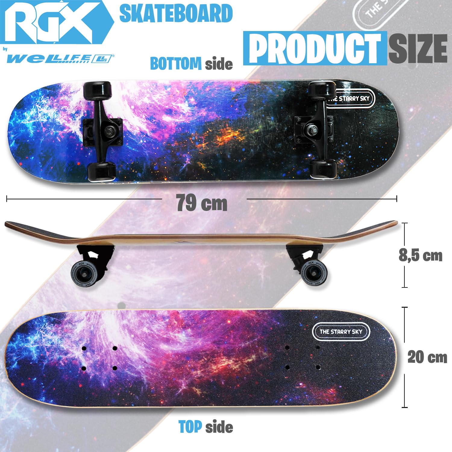 WeLLIFE Monopatín completo para principiantes – Serie RGX de madera de 80 x 20 cm, 9 capas de arce cóncavo Double Kick, rodamientos ABEC-7, dibujo sobre Grip Tape – Apto para niños, jóvenes y adultos