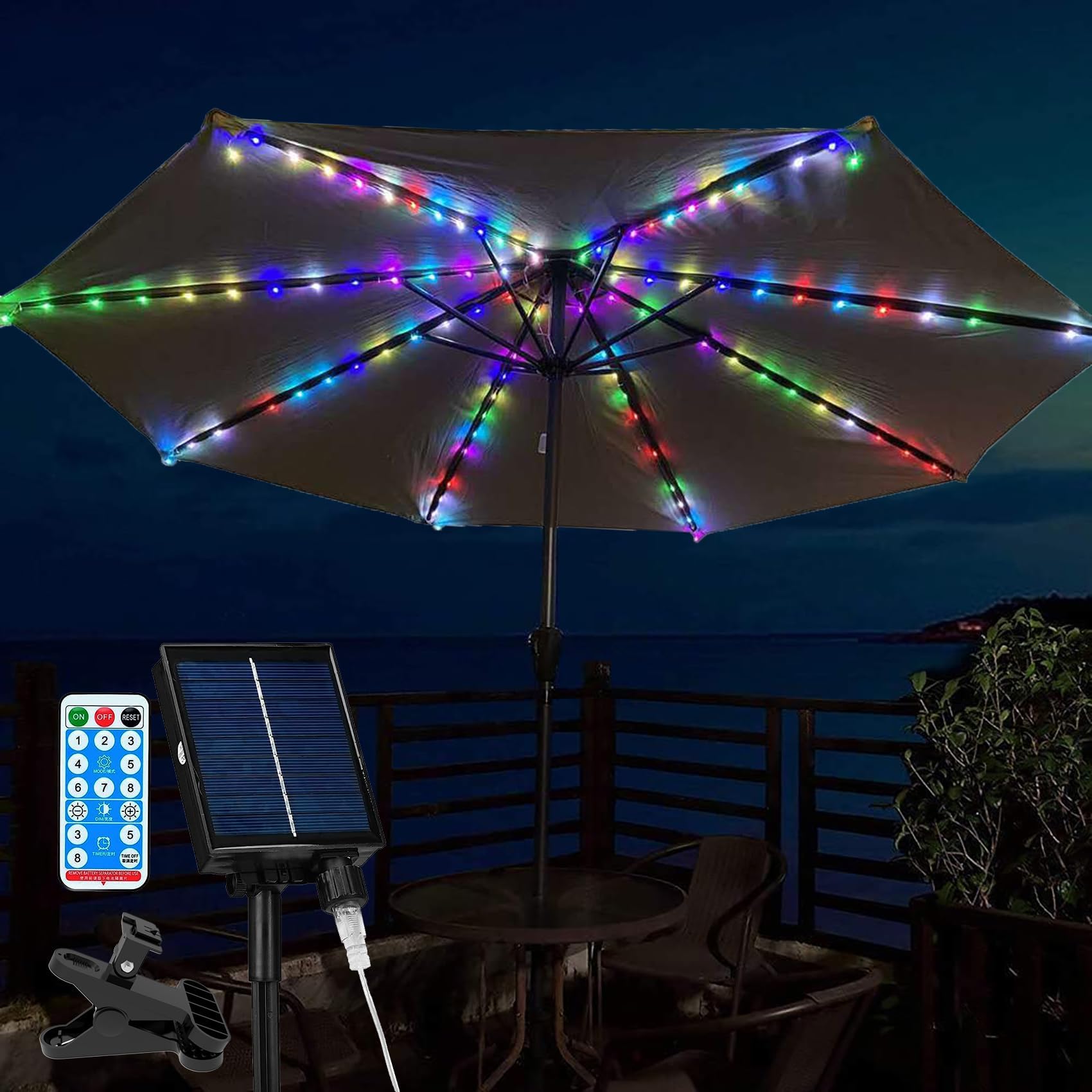 Solar Patio Umbrella Lights with Remote, Waterproof 104 LED Solar String Lights, 8 Modes Dimmable Outdoor Parasol Lights for Garden, Deck, Yard, Pool (Colorful) — image 1