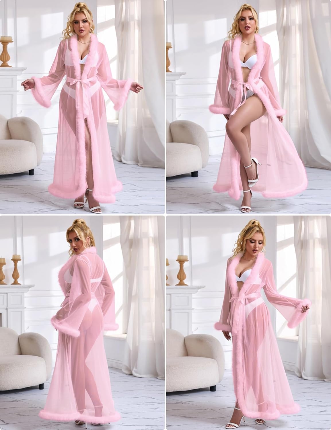 ohyeah Women Feather Bridal Robe for Wedding Plus Size Lingerie Robe with Fur Nightgown Bathrobe Tulle Maternity Dress - Image 5