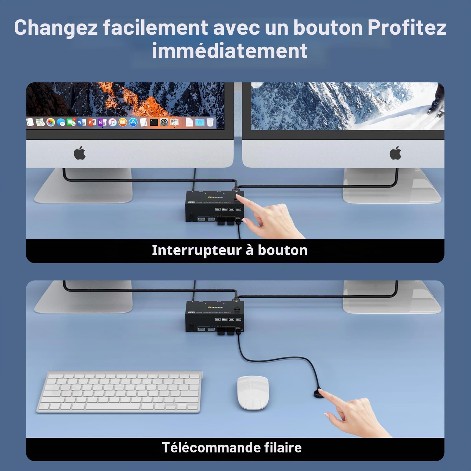 Switch KVM 2 PC 3 moniteurs 8K@60Hz 4K@144Hz, commutateur KVM triple moniteur DisplayPort + HDMI et 4 ports USB 3.0 pour 2 PC Share 3 moniteurs, avec alimentation 12 V DC et télécommande filaire