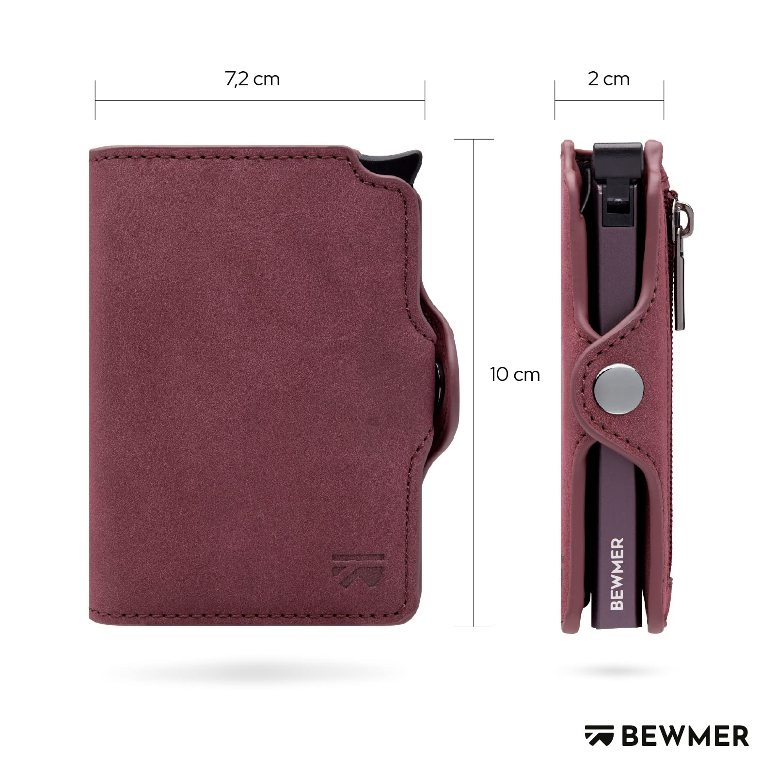 BEWMER Porta Carte di Credito 1 Schermato | Portafoglio Slim da Uomo e Donna | Porta Tessere e Documenti con Rfid Protection e Fermasoldi in Carbon Fiber (Con Zip, Rosso Bordeaux)