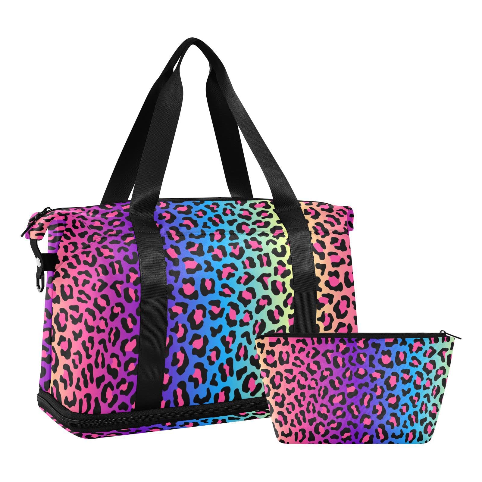 Weekender Bag for Women, Rainbow Leopard Cheetah Gym Bag Sports Duffle Bag Travel Tote Bag with Toiletry Bag Shoes Compartment Dry/Wet Separation Swim Bag