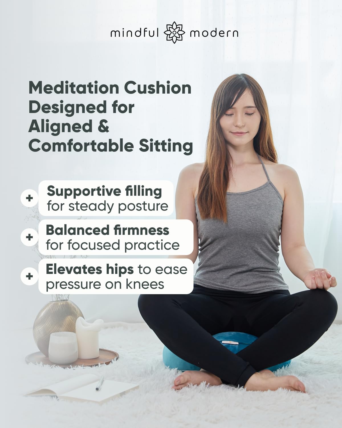 Mindful and Modern - Cojín de meditación de terciopelo – Almohada de suelo Zafu de lujo para yoga – Almohada grande de meditación de trigo sarraceno con funda extraíble de lujo en seis colores