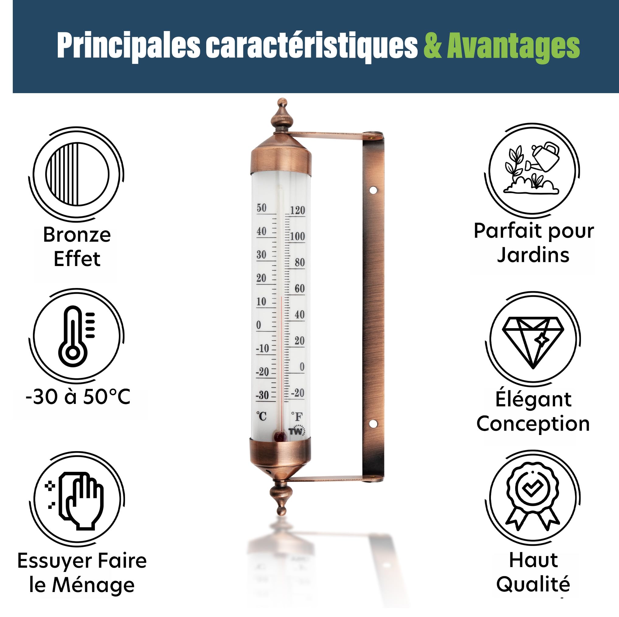 Thermomètre d'extérieur effet bronze – jauge jardin, température extérieure serre garage