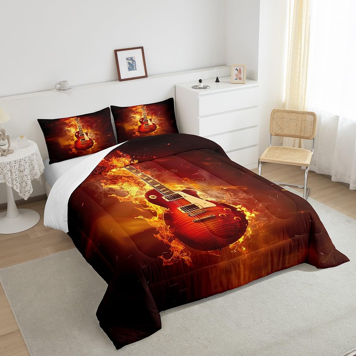 Juego de edredón tamaño King de guitarra, juegos de ropa de cama con temática de música rock, para jóvenes, hombres, adolescentes, niños, niñas, instrumentos musicales, juego de edredón de 3 piezas,