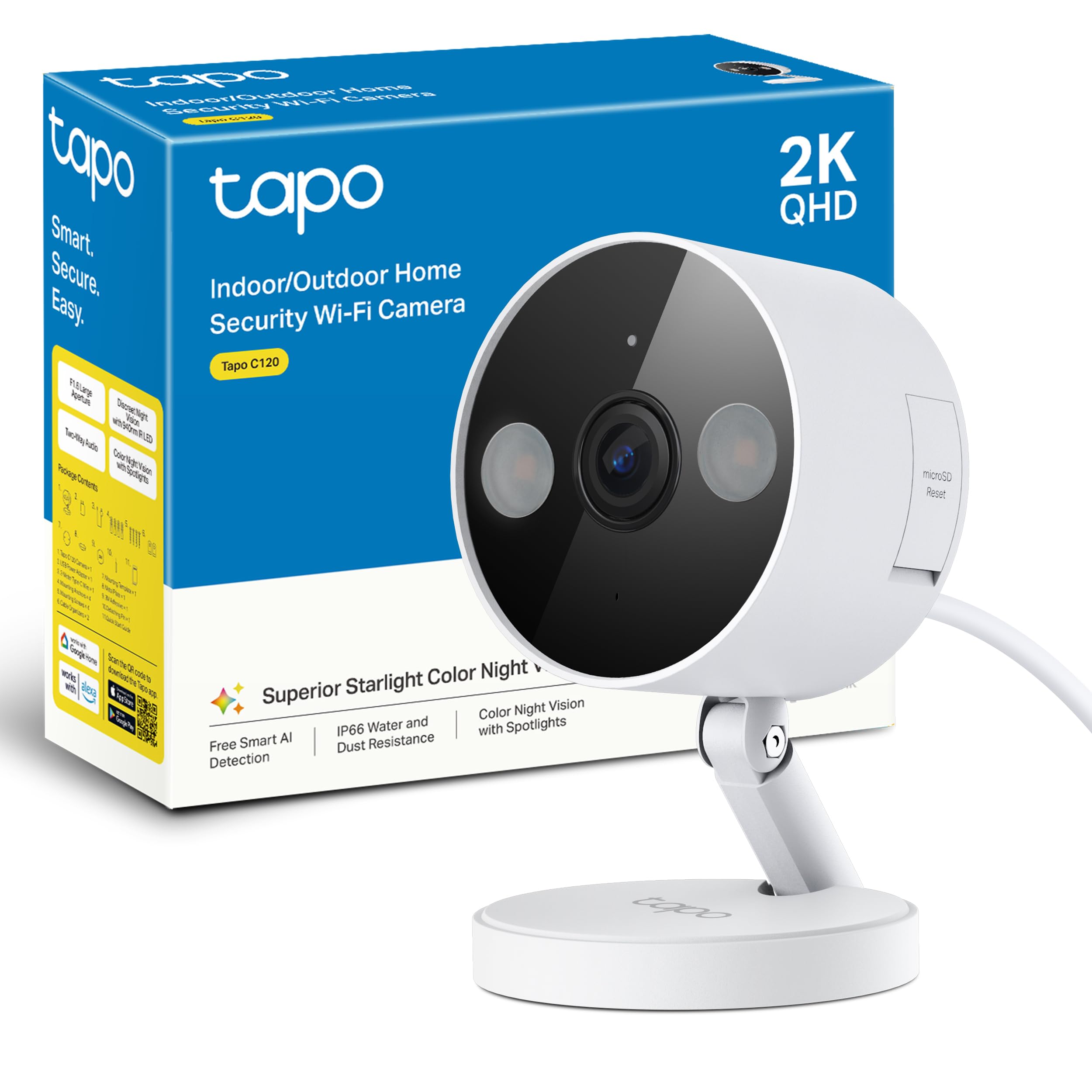 Tapo C120-2K 4MP Cámara de vigilancia para Interior y Exterior, Base magnética,focos duales, Admite Tarjeta SD de hasta 512 GB, IP66, Compatible con Alexa y Google Assistant Certificado ClimatePartner