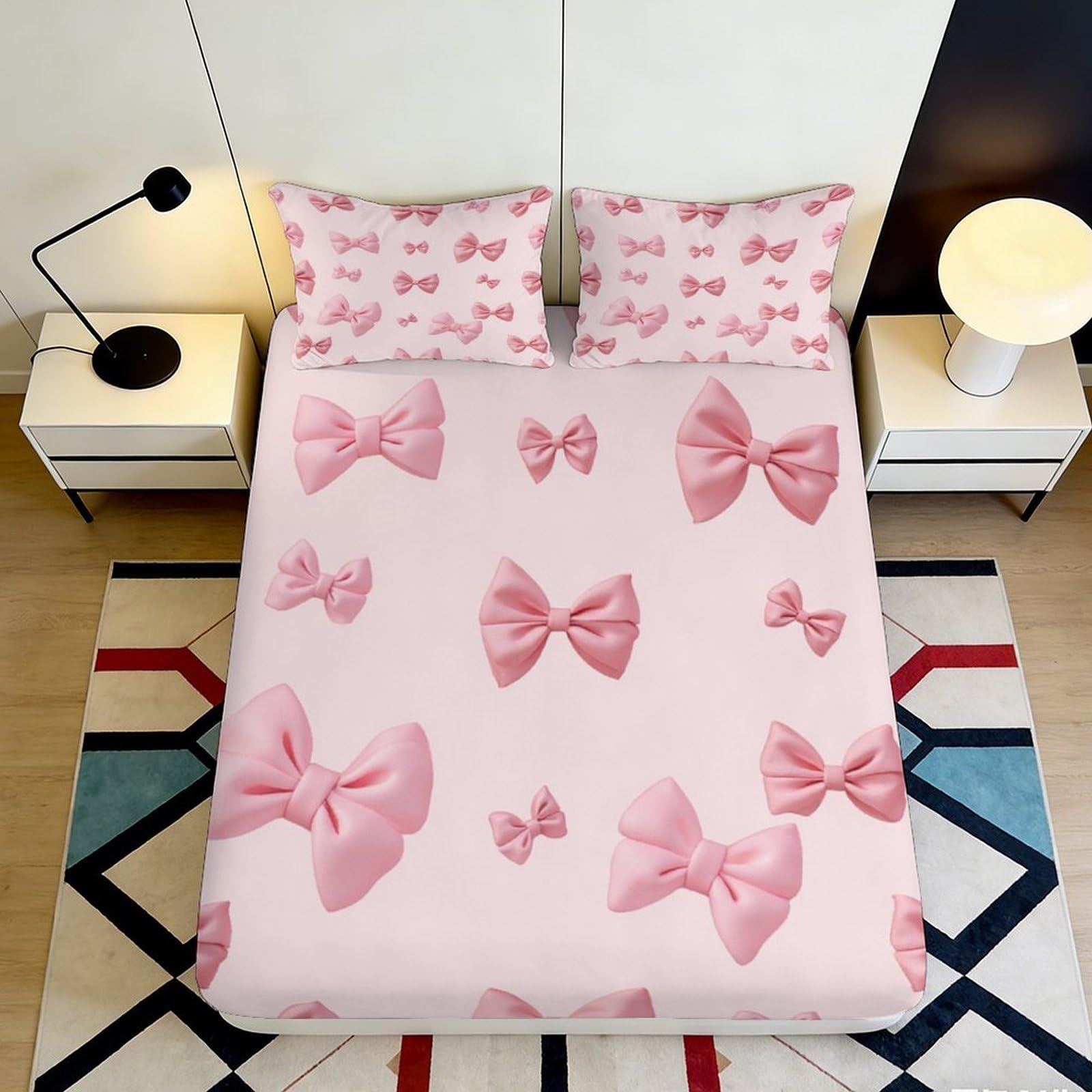 Pnayamiorkfel Style-3 3D Printed Pink Bow Fitted Sheet Microfiber Soft Slip-Resistant Bed Sheet Decorative For Bedroom Guest Room 90X200x25cm