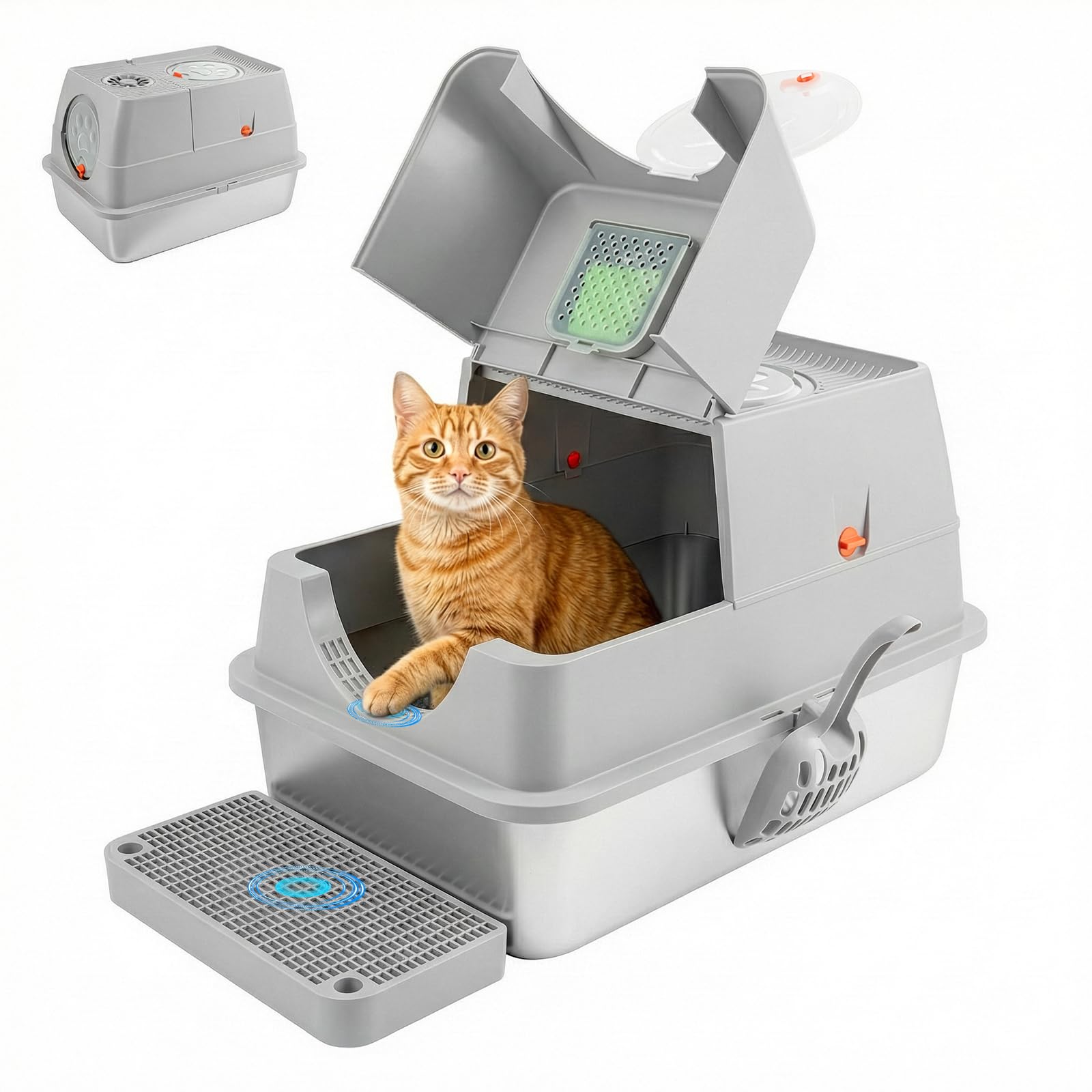 LN COZY CORNER Extra Large Cat Litter Box with Lid, Easy Clean Non-Stick Cat Litter Box with Scoop, Leak-Proof and Spacious for Big Cats & Multi-Cat Households (Light Grey, Style D)