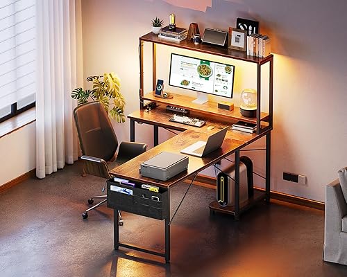 Miniatura 9 de ODK - Escritorio en forma de L de 53 pulgadas con iluminación LED, escritorio reversible para juegos con tomas de corriente, mesa de computadora