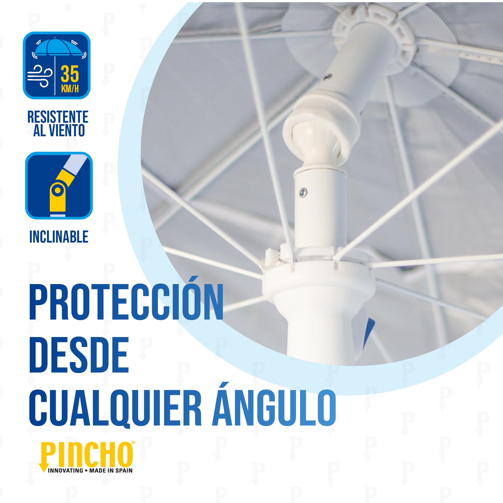 Pincho Grand parasol de plage 200 cm, anti-vent jusqu'à 35 km/h, protection UV 50, aluminium, 8 + 8 baleines, fibre de verre, tube de 28-32 mm, manche inclinable, montage rapide 30 secondes, sac de