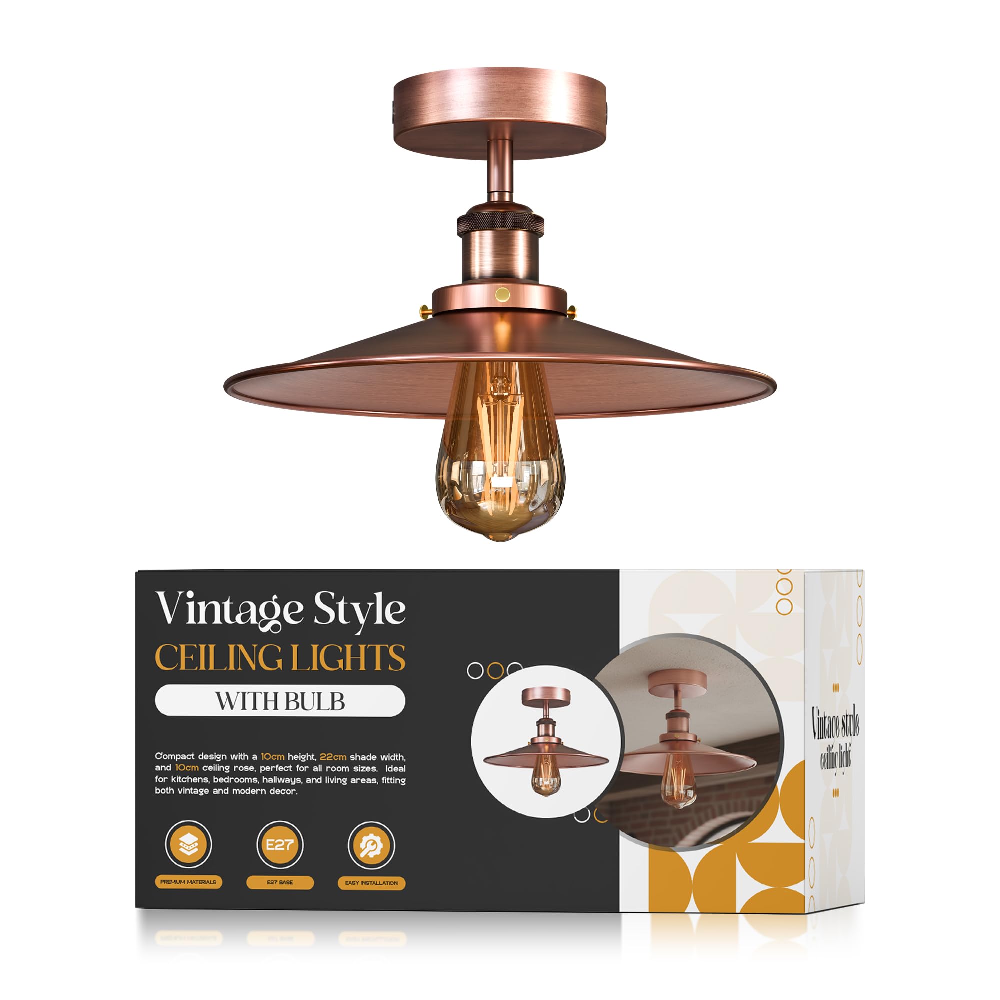 LEDSone Vintage E27 Flush Mount Ceiling Light Industrial Chandelier 22cm Copper Lampshade Easy Fit Metal LED Ceiling Lighting Fixtures for Kitchen Dining Room Living Room Hallway EPC A+ with Bulb