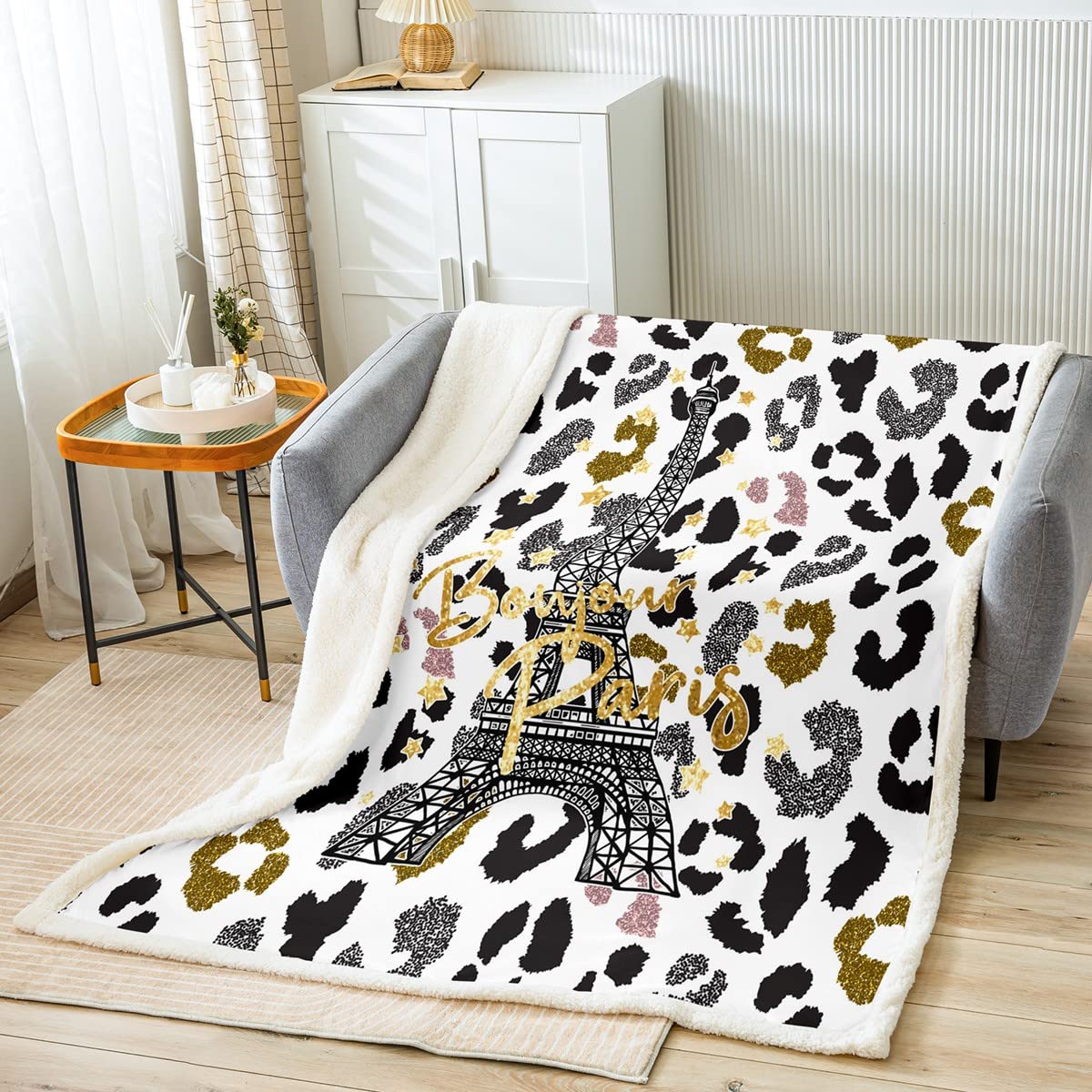 YINGD Eiffel Tower Sherpa Blanket Leopard Fleece Throw Blanket for Kids Boys Girls Paris Tower Plush Blanket Cheetah Fuzzy Blanket for Sofa Bed,Si 125CM X 100CM
