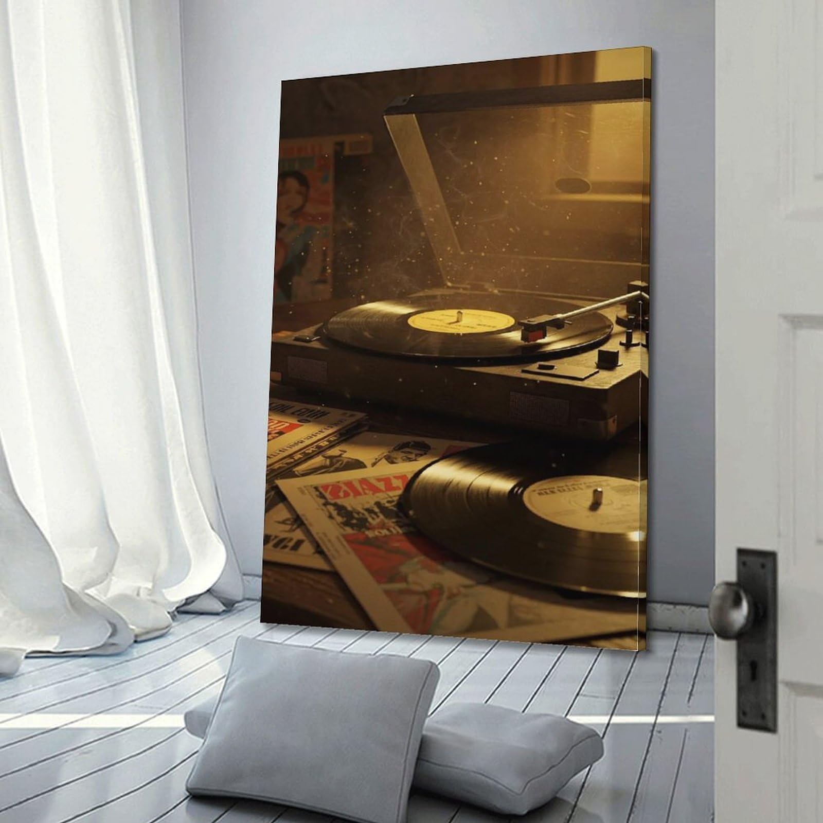 Gramofon z płytami winylowymi i plakatami sztuka ścienna, retro muzyka dekoracja do domu i salonu plakat dekoracyjny obraz płótno plakaty ścienne i obraz artystyczny druk nowoczesny rodzinny sypialnia