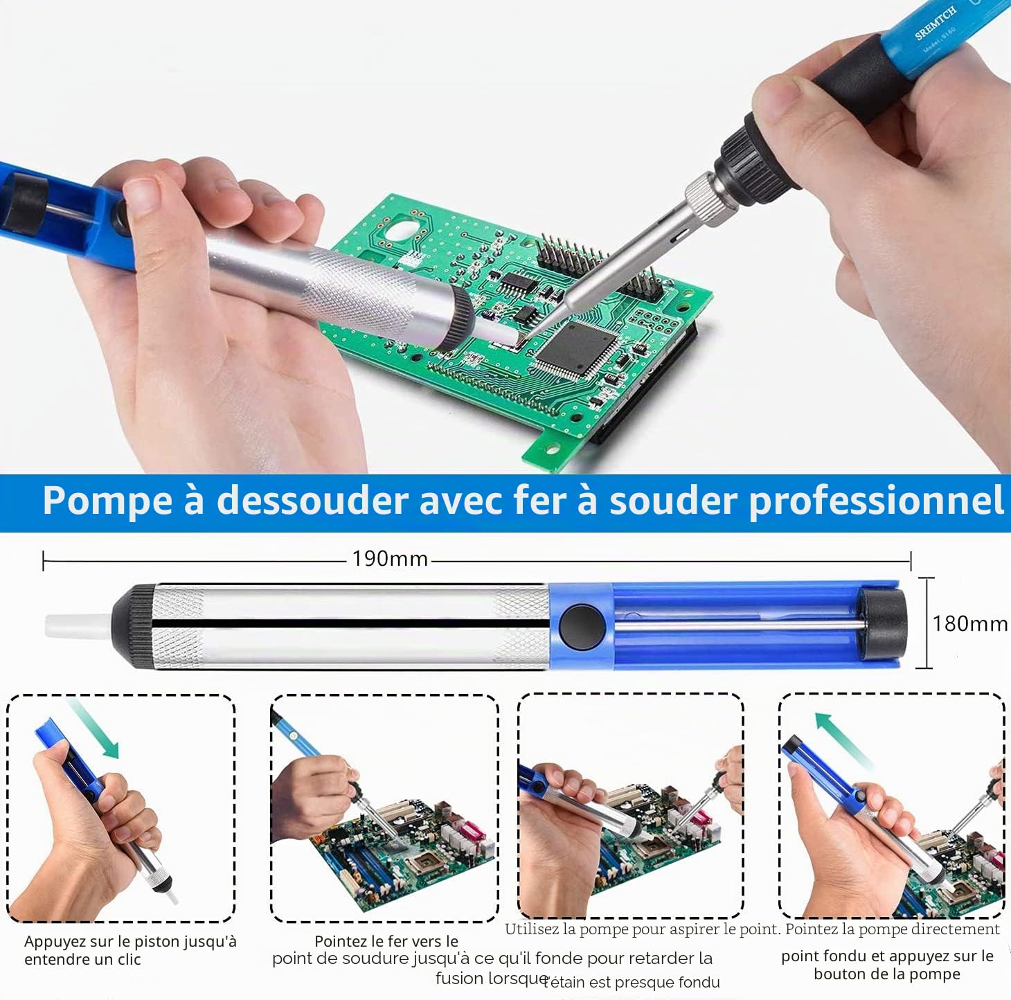 Kit de fer à souder électronique SREMTCH 60 W avec température réglable 200-450 °C et interrupteur Marche/Arrêt, 100g, 5 pannes à souder, pompe à dessouder, support avec éponge, sac en polyuréthane
